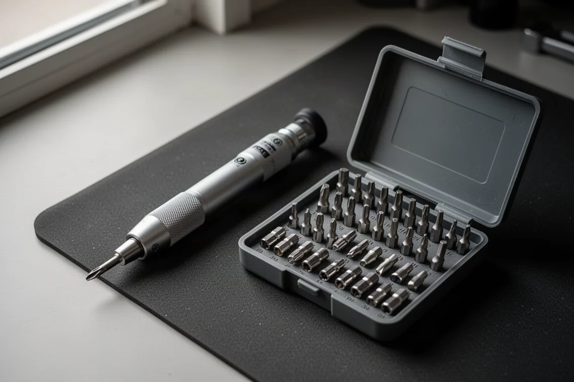 Precision screwdriver with magnetic bits laid out on an anti-static work mat