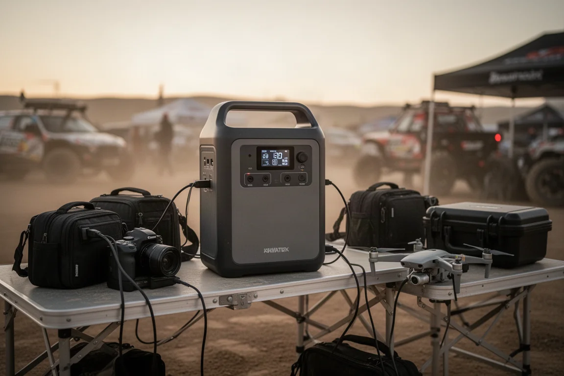 Large portable power station charging camera equipment at an outdoor event