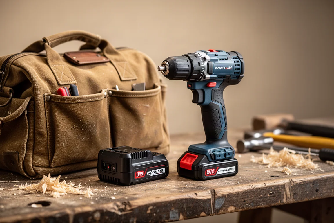 Cordless brushless drill and battery kit arranged on a workshop bench