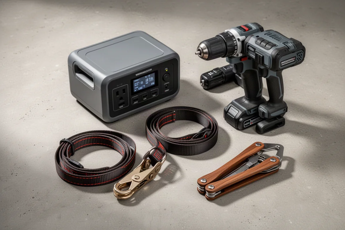 Flat-Lay von Powerstation, Akkuschrauber und Werkstatt-Equipment auf Beton