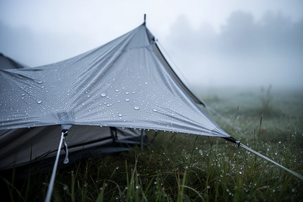 黎明時分凝結的水珠在帳篷雨蓋上成串附著