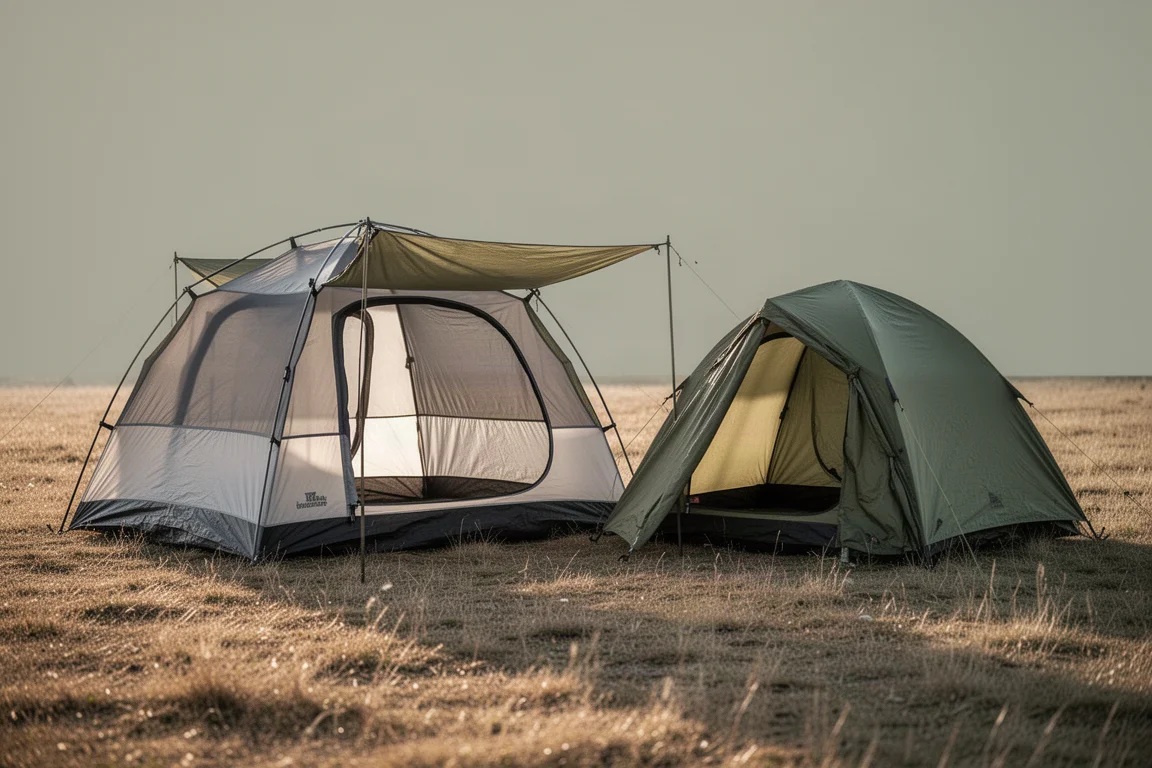 Two camping tents pitched side by side on a grass meadow at golden hour