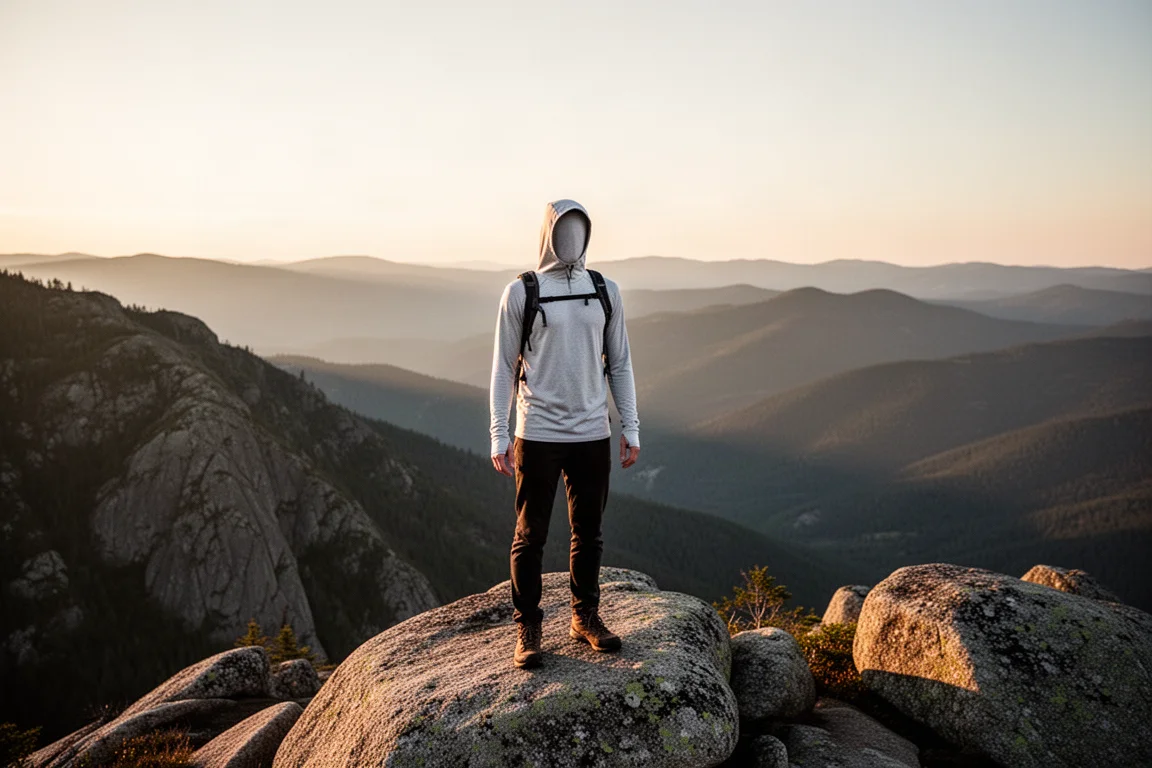 Wanderer sitzt auf einem Findling an einem Bergsee und trägt ein Kapuzenoberteil