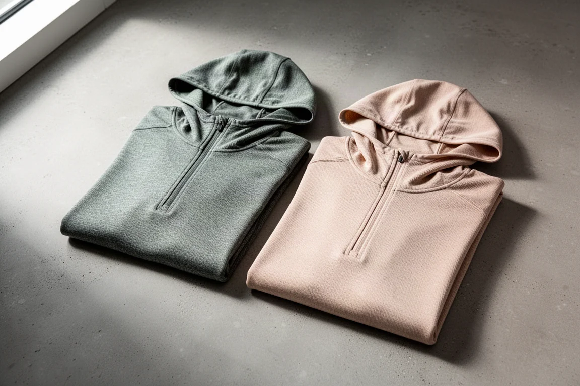 Two lightweight sun hoodies folded side by side on a concrete surface