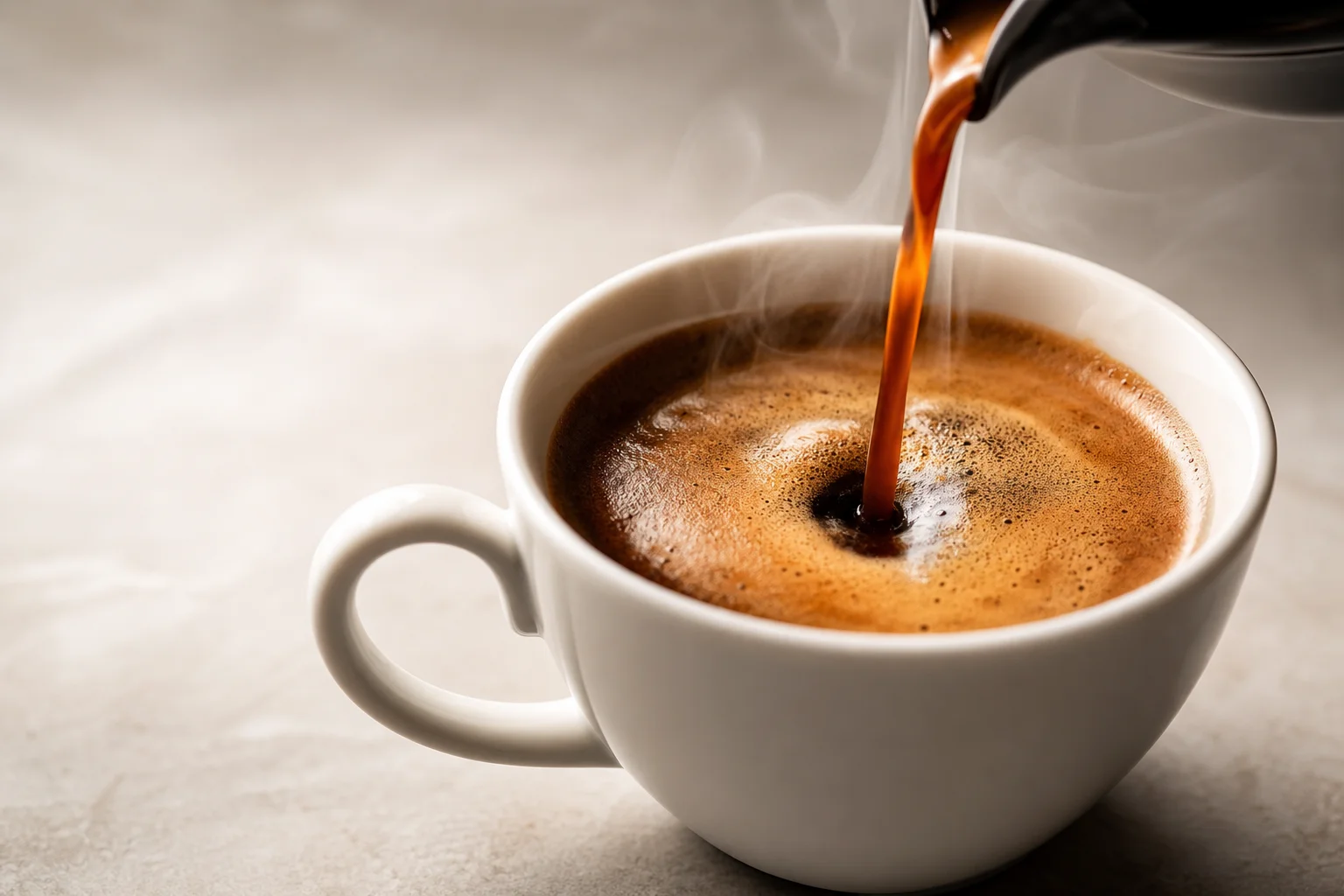 Espresso pouring into white ceramic cup with rich crema