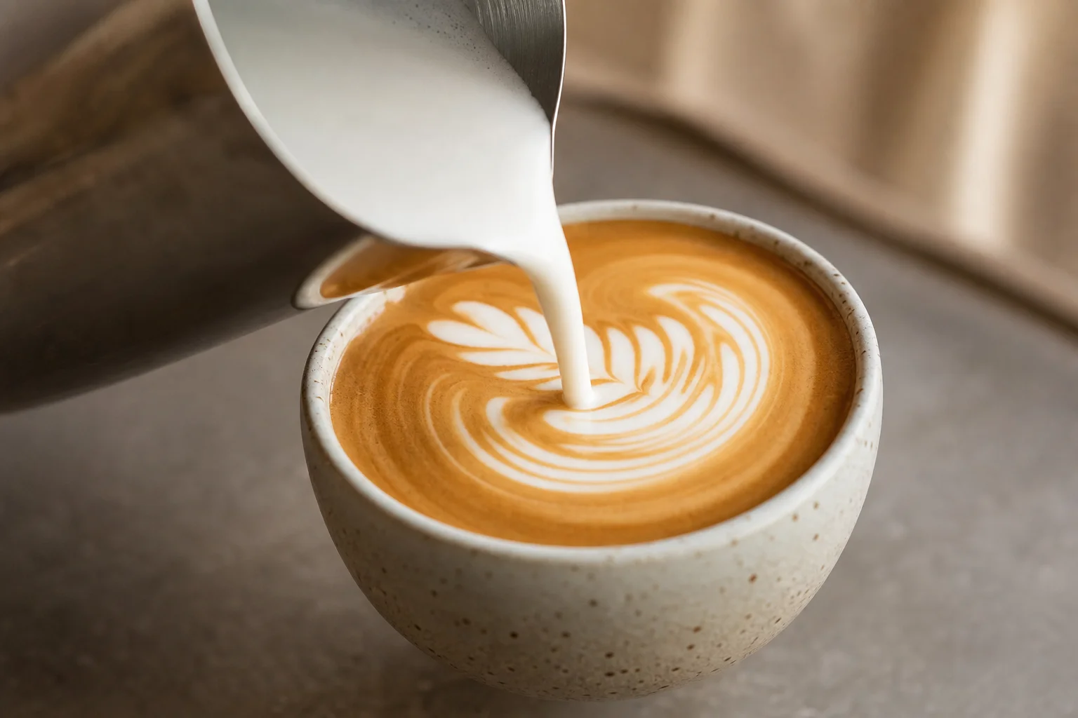 Silky milk microfoam being poured into espresso for latte art