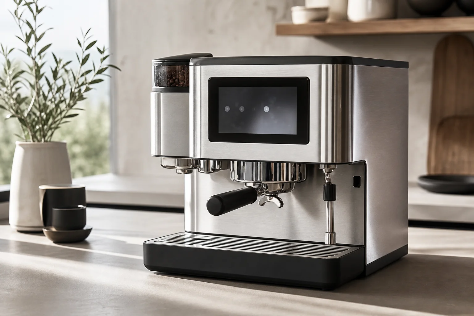 Professional espresso machine with touchscreen in modern kitchen