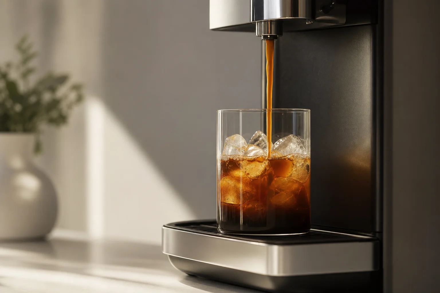 Cold brew espresso being dispensed into a glass with ice
