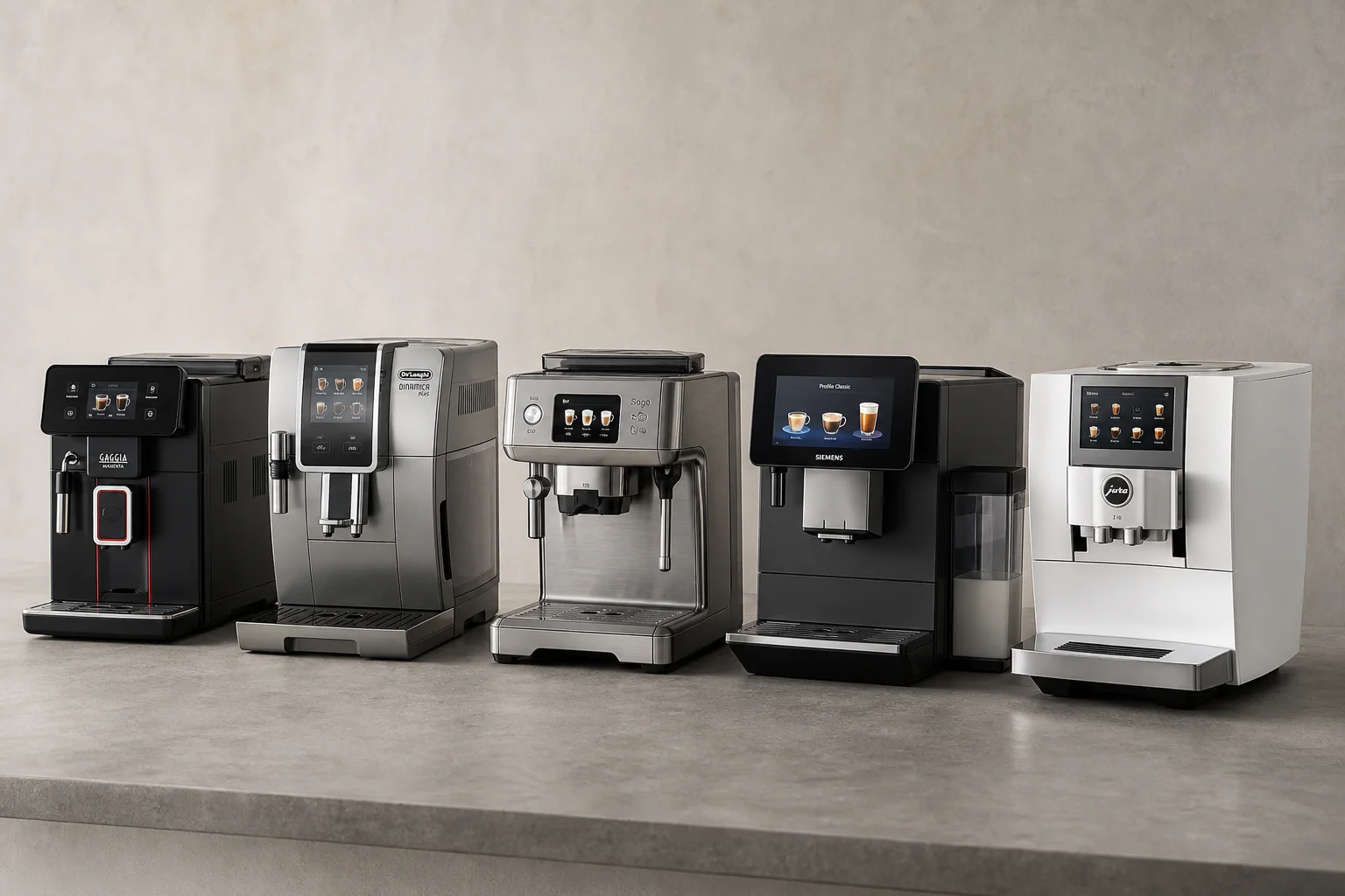 Five super automatic espresso machines displayed in a row on concrete surface