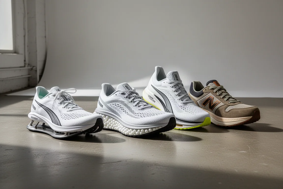 Four performance running shoes arranged in a row on a concrete studio floor