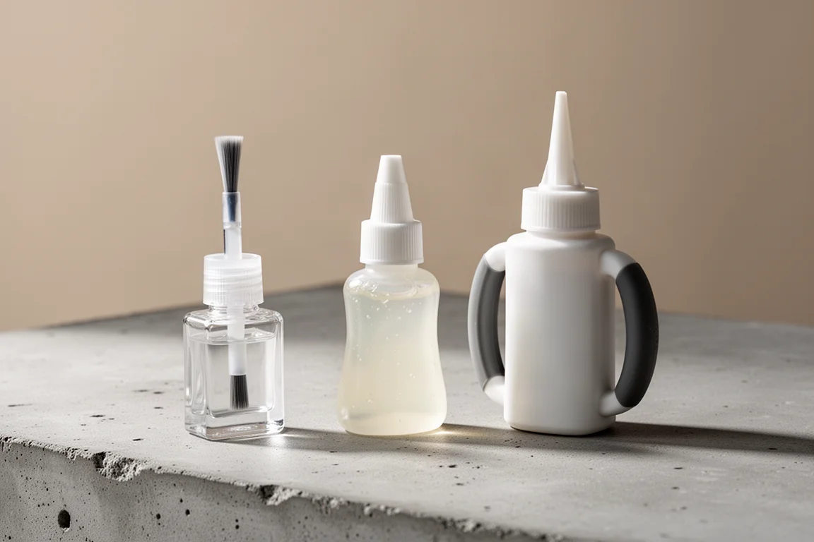 Three super glue bottles with different applicators arranged on a concrete surface