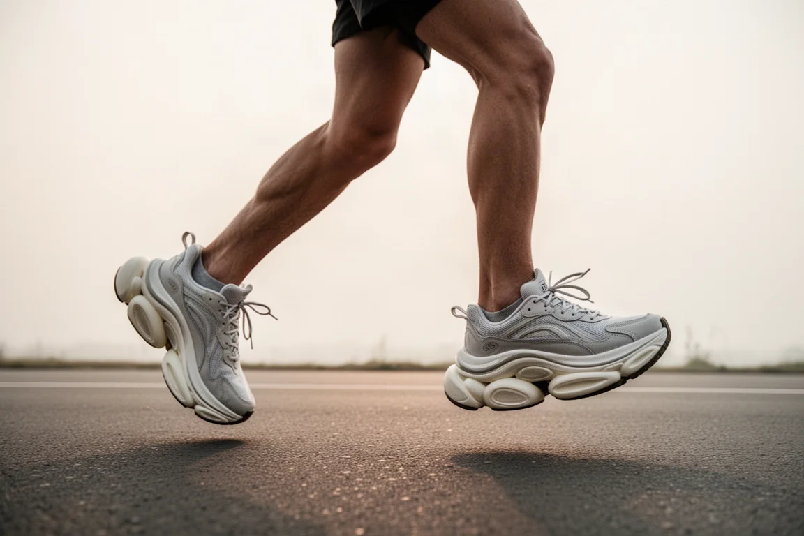 Runner's legs striding on a smooth road in tall-cushioned running shoes