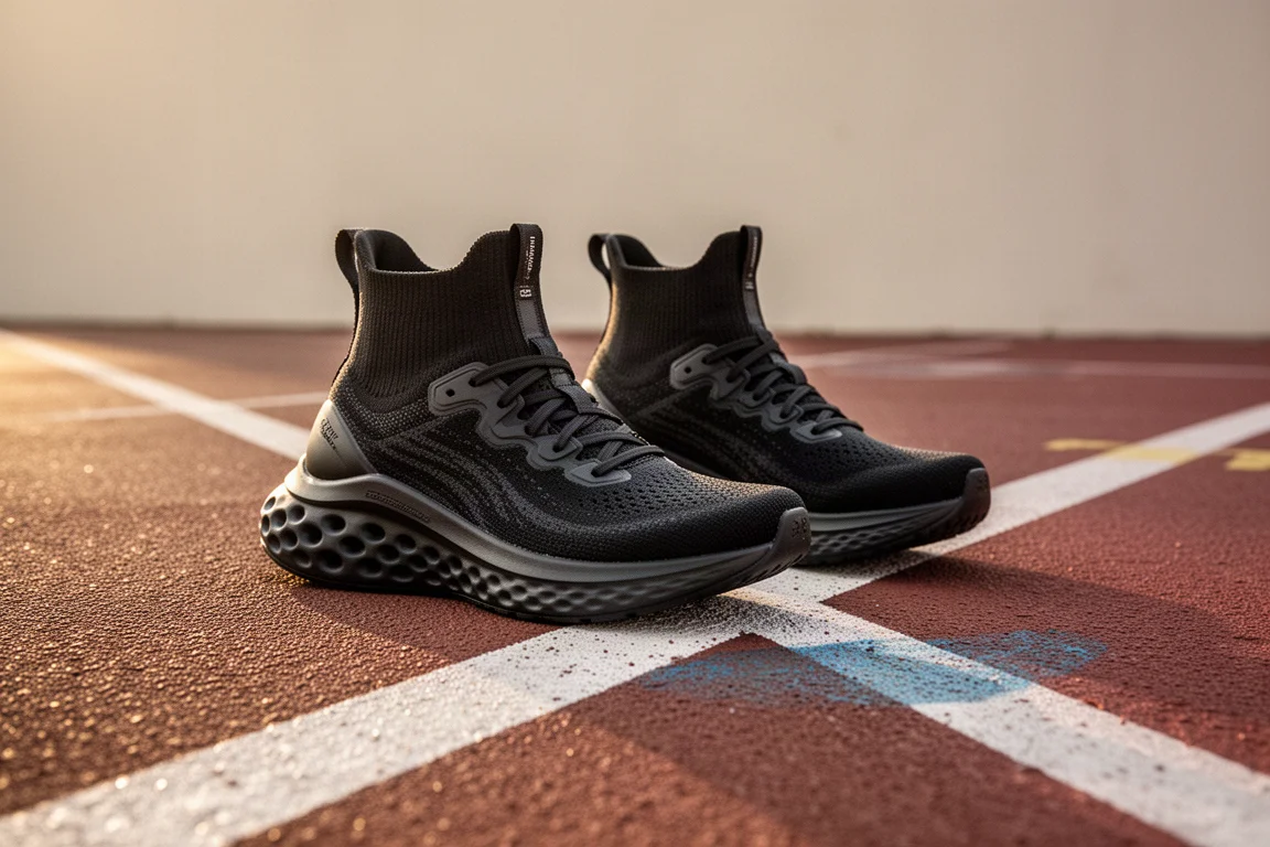 Pair of tall-cushioned running shoes resting on a track lane line
