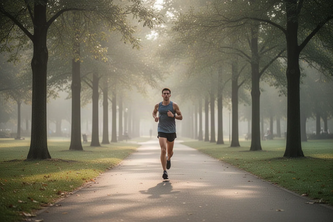 Recovery run along a quiet park path in soft morning light