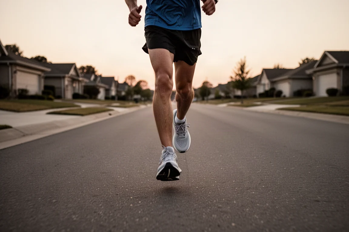 Runner cruising a long open road stretch in tall-cushioned shoes