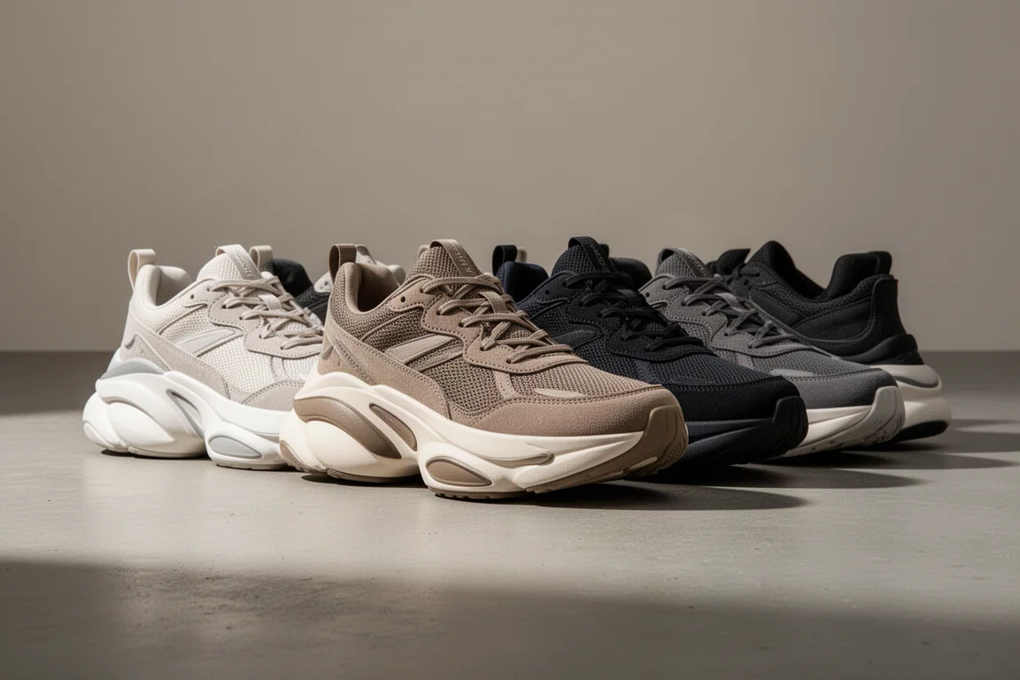 Lineup of tall-cushioned super max stack running shoes on concrete