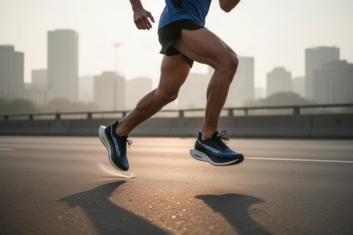 Marathonloper midden in een pas op een stadsweg in een laagprofiel raceschoen