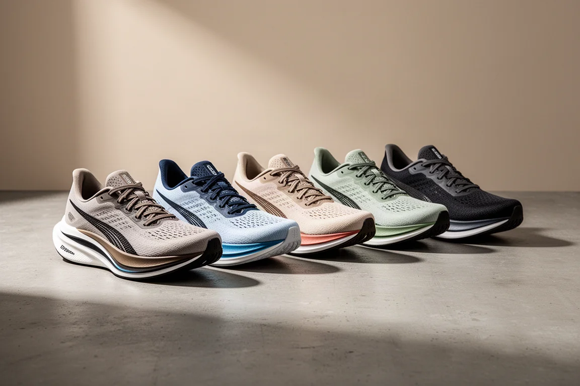 Five carbon-plated racing running shoes lined up on a concrete surface
