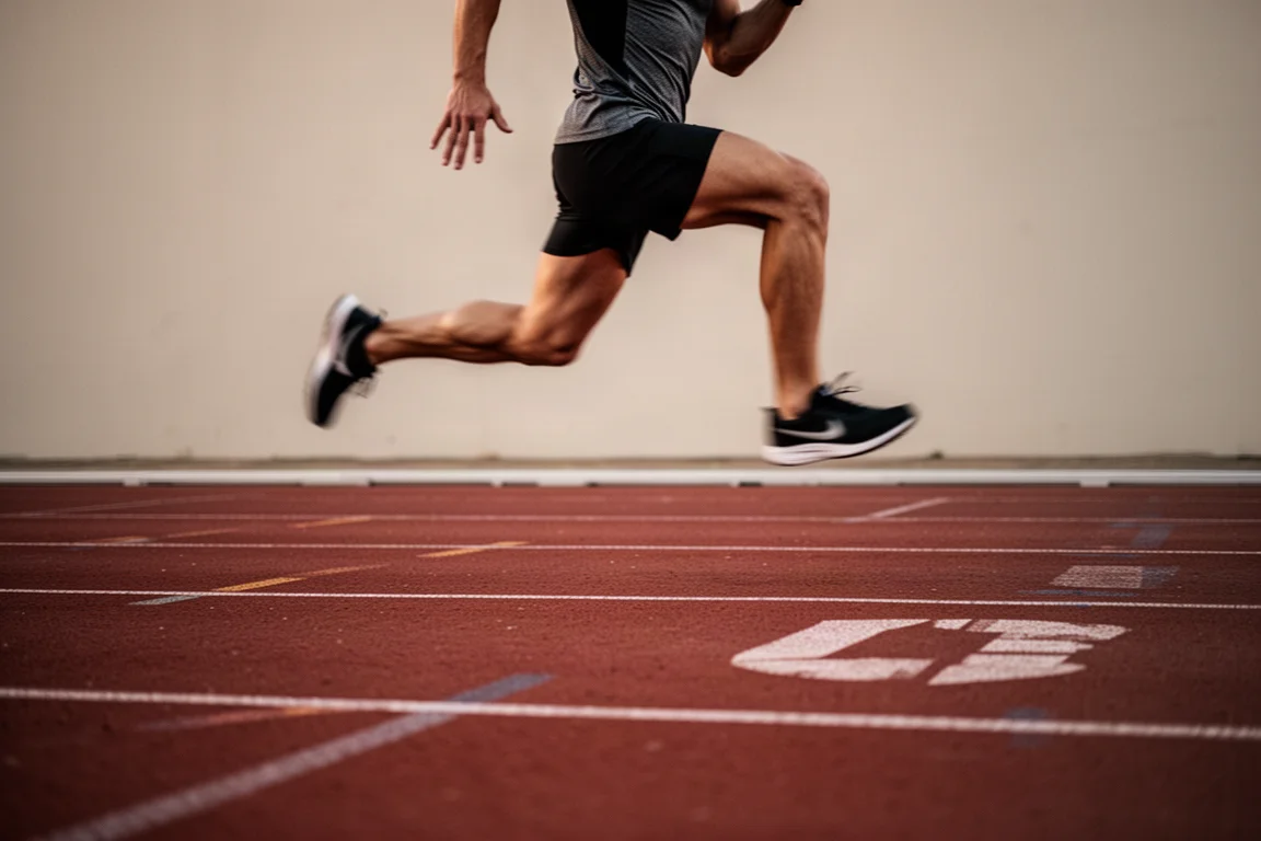 Atleta correndo tiros rápidos em uma pista de atletismo na luz do fim da tarde