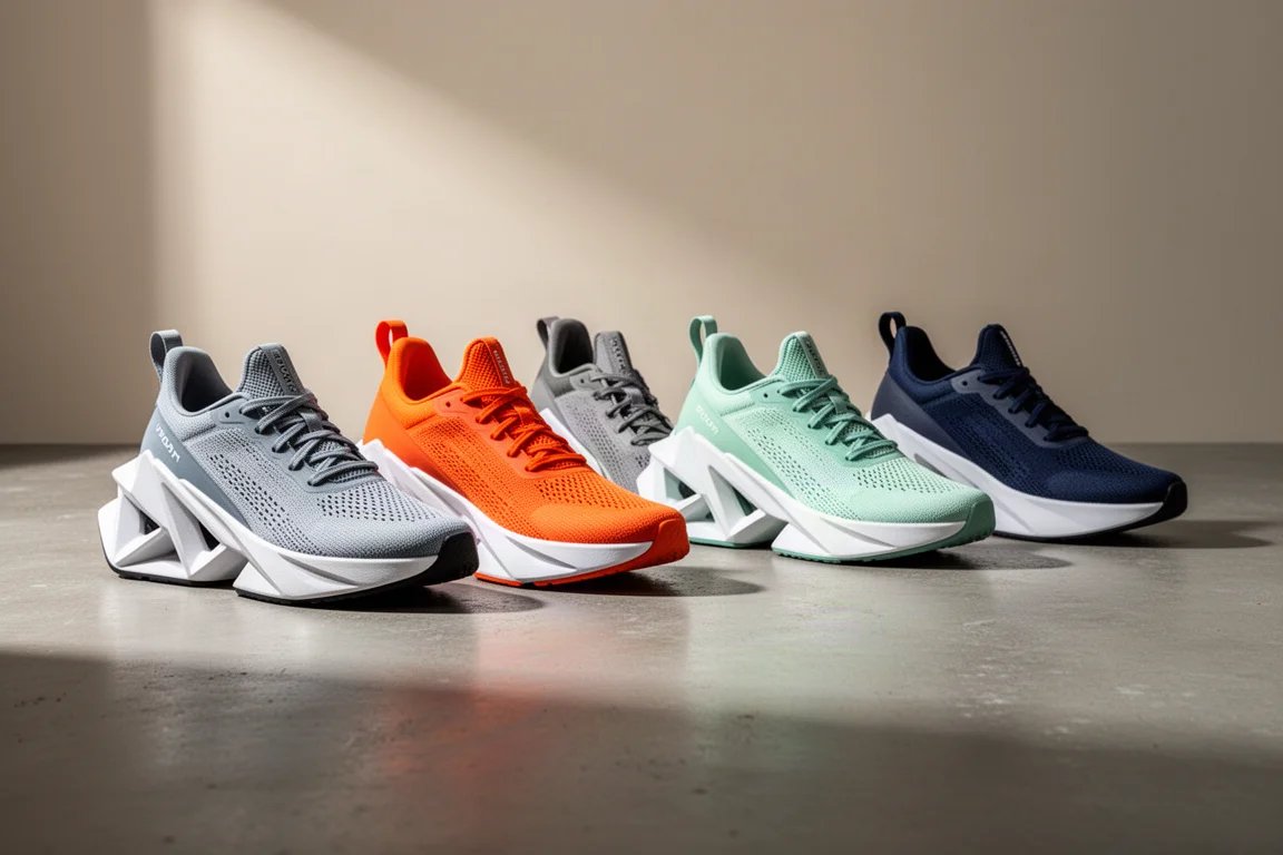 Six high-stack racing shoes arranged in a row on a concrete surface