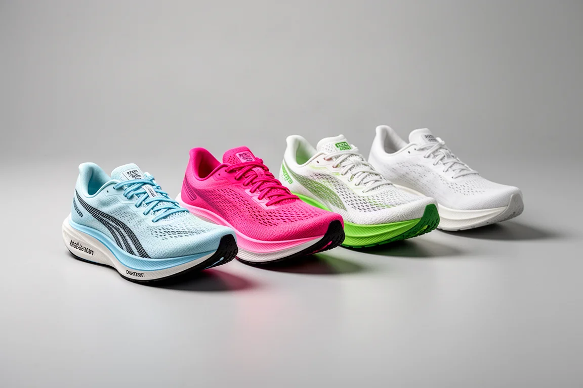 Four carbon-plated racing shoes lined up for comparison on concrete