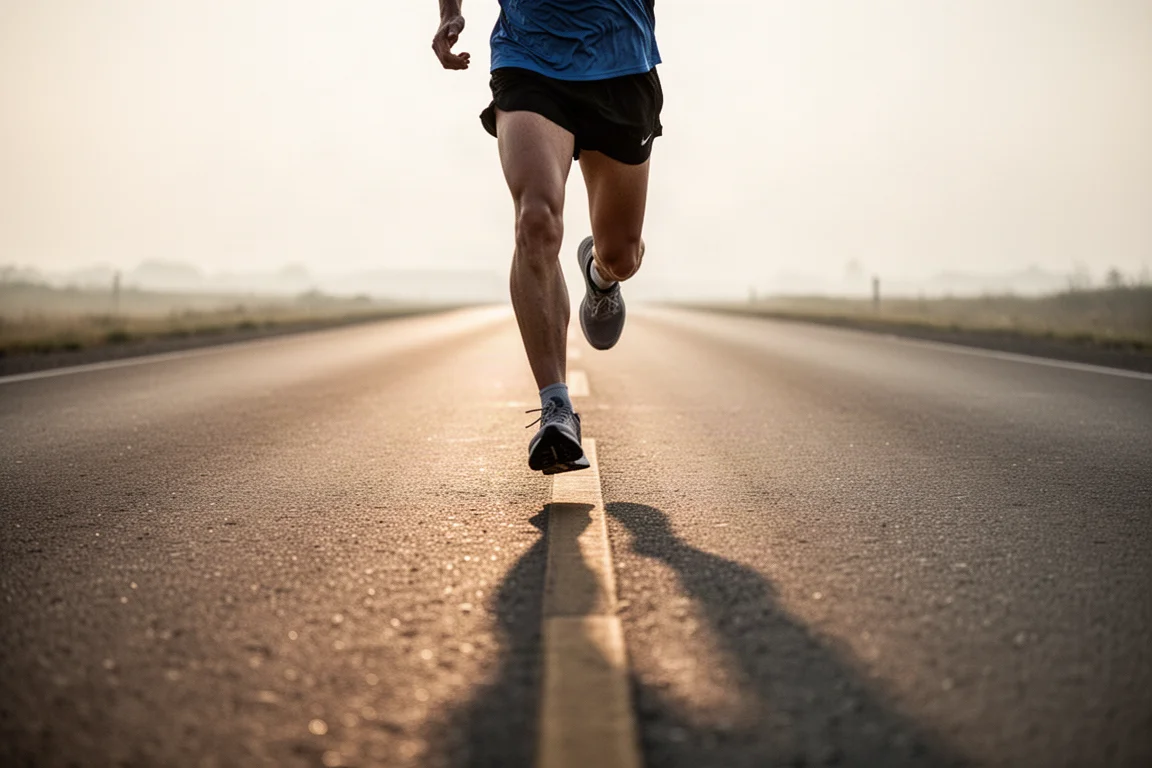 Runner mid-stride on an open road at dawn wearing lightweight racing shoes