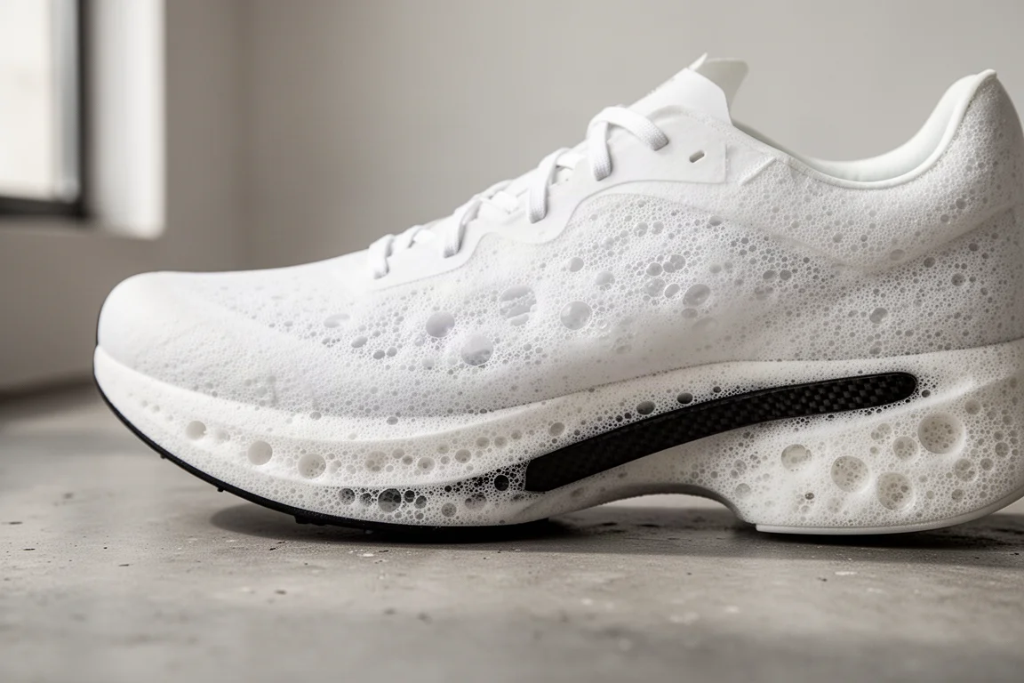 Close-up of a sculpted supercritical foam midsole with exposed carbon plate