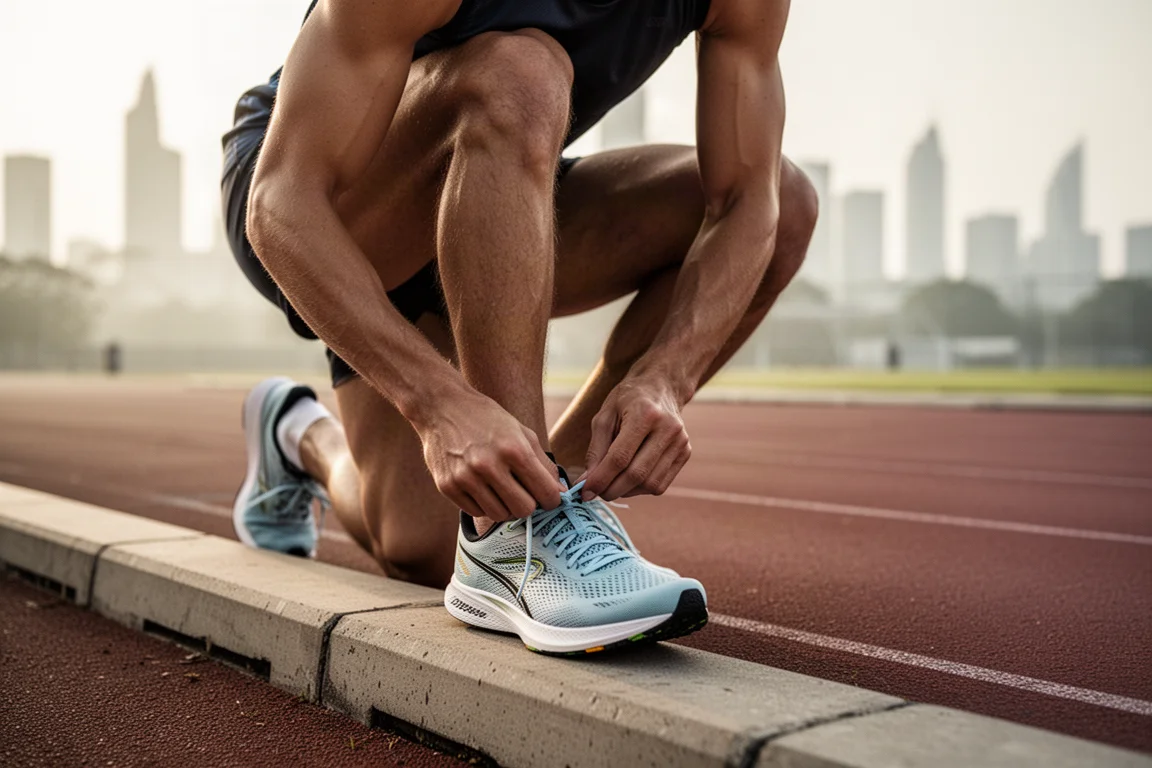 Athlete tying racing shoe laces before a morning training session