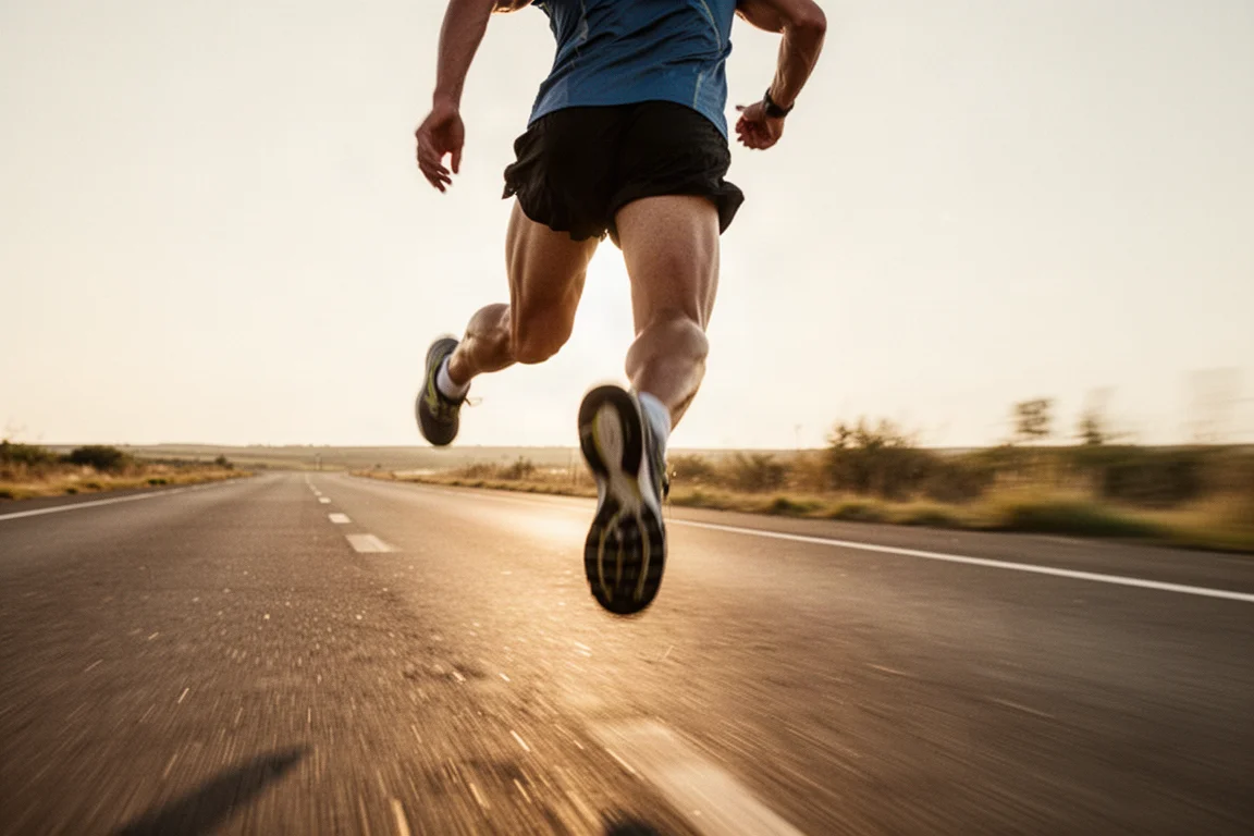 Runner toeing off at pace on a sunlit road during a fast interval
