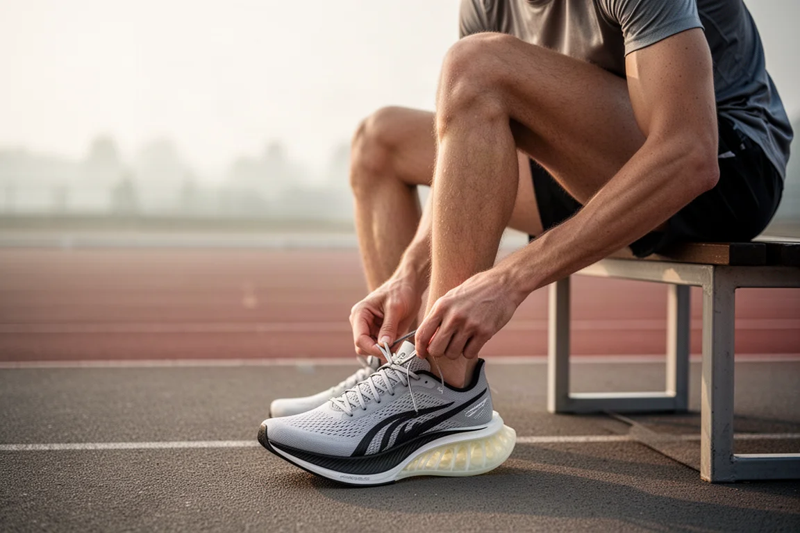 Runner lacing up a lightweight racing shoe on a track in morning light