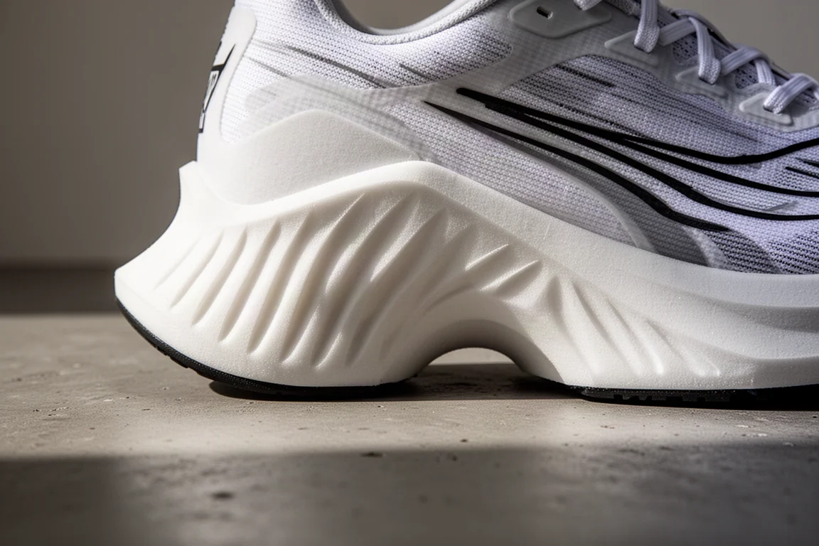 Close-up of a super shoe midsole showing medial flare and rocker geometry