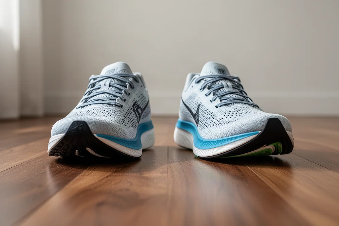 Two running shoes side by side showing different rocker profiles