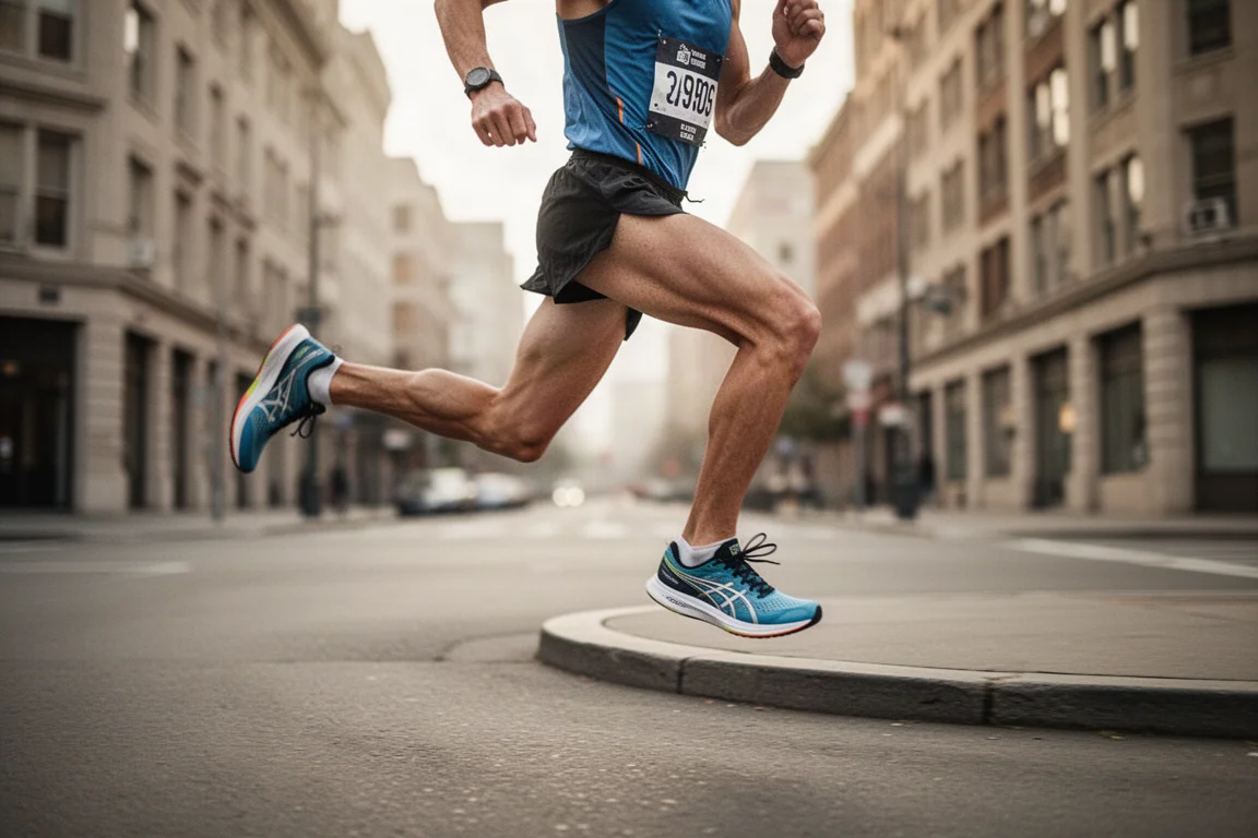 Runner accelerating around a corner on city streets during a race