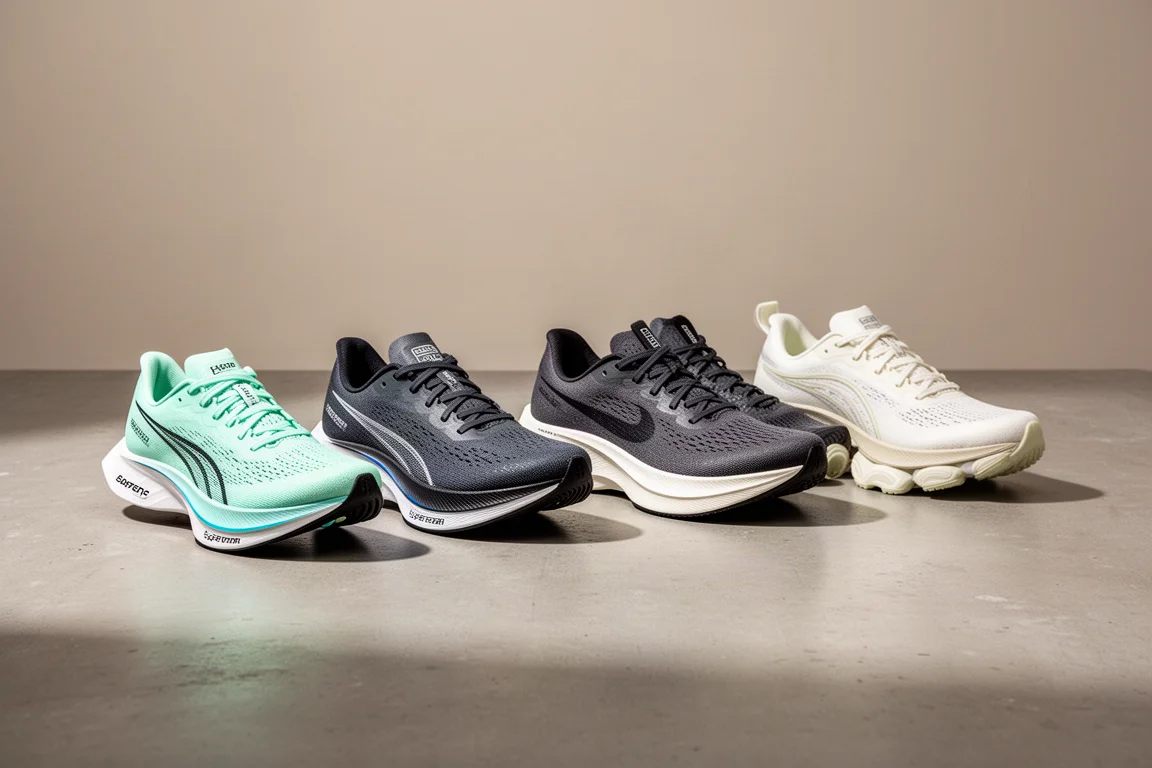 Six cushioned carbon plated running shoes arranged on a concrete surface