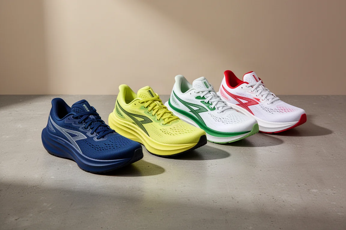 Four carbon-plated racing shoes arranged in a row on a concrete surface