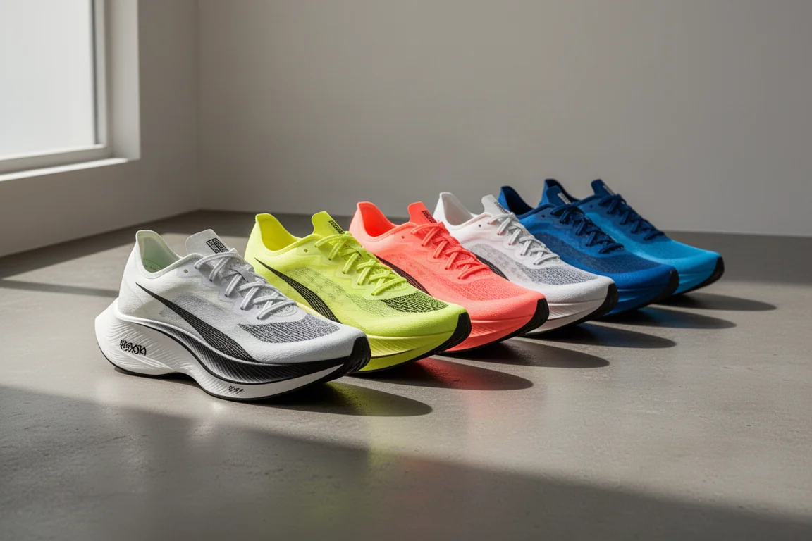 Lineup of seven modern carbon-plated racing shoes on a concrete floor