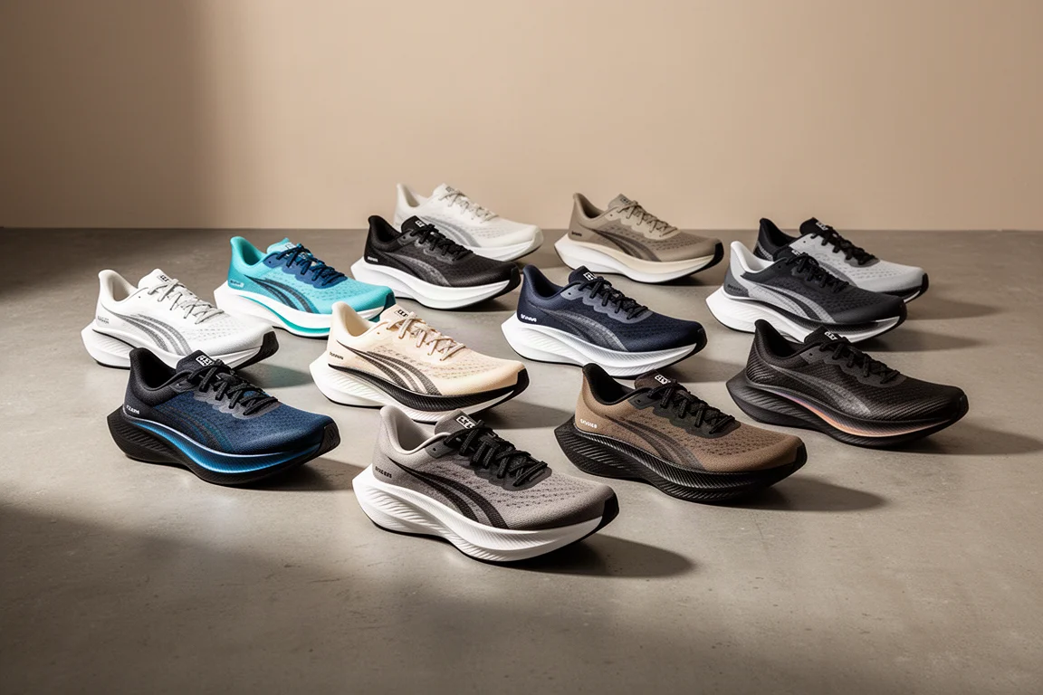 Fifteen carbon-plated racing shoes arranged in a grid on a concrete floor