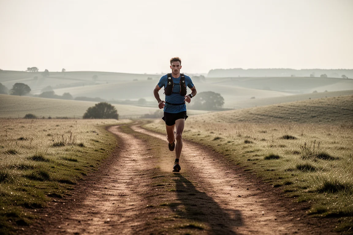 Trail runner che corre su un sentiero sterrato compatto attraversando la campagna aperta