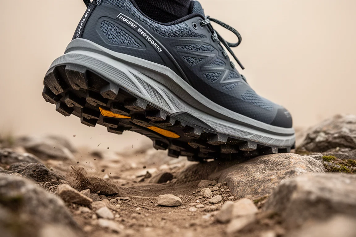Primo piano della midsole di una scarpa da trail che si flette su un sentiero roccioso