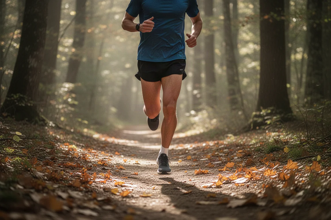 Runner in allenamento su un sentiero nel bosco con una luce autunnale soffusa