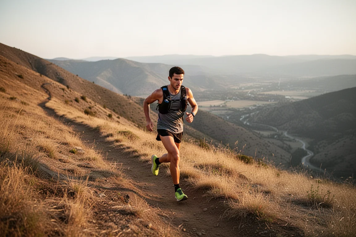 Runner in discesa su un sentiero di montagna asciutto e percorribile con luce calda
