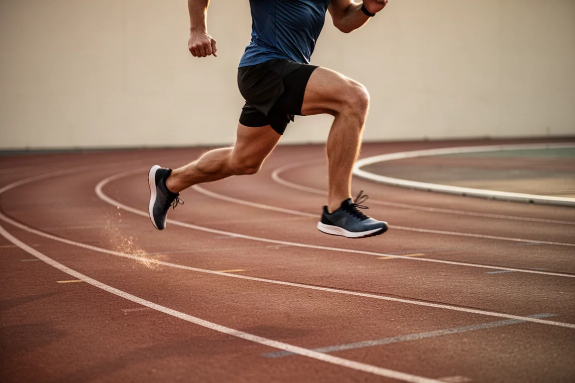 Corredor fazendo um treino de tiros rápidos em uma pista de atletismo vazia