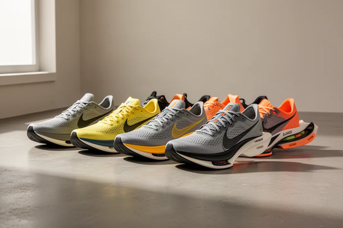 Row of high-stack super trainers and race shoes arranged on a concrete floor