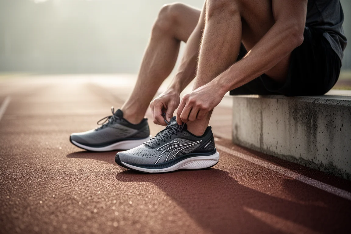 Runner lacing up a plated performance trainer on a track edge in soft morning light