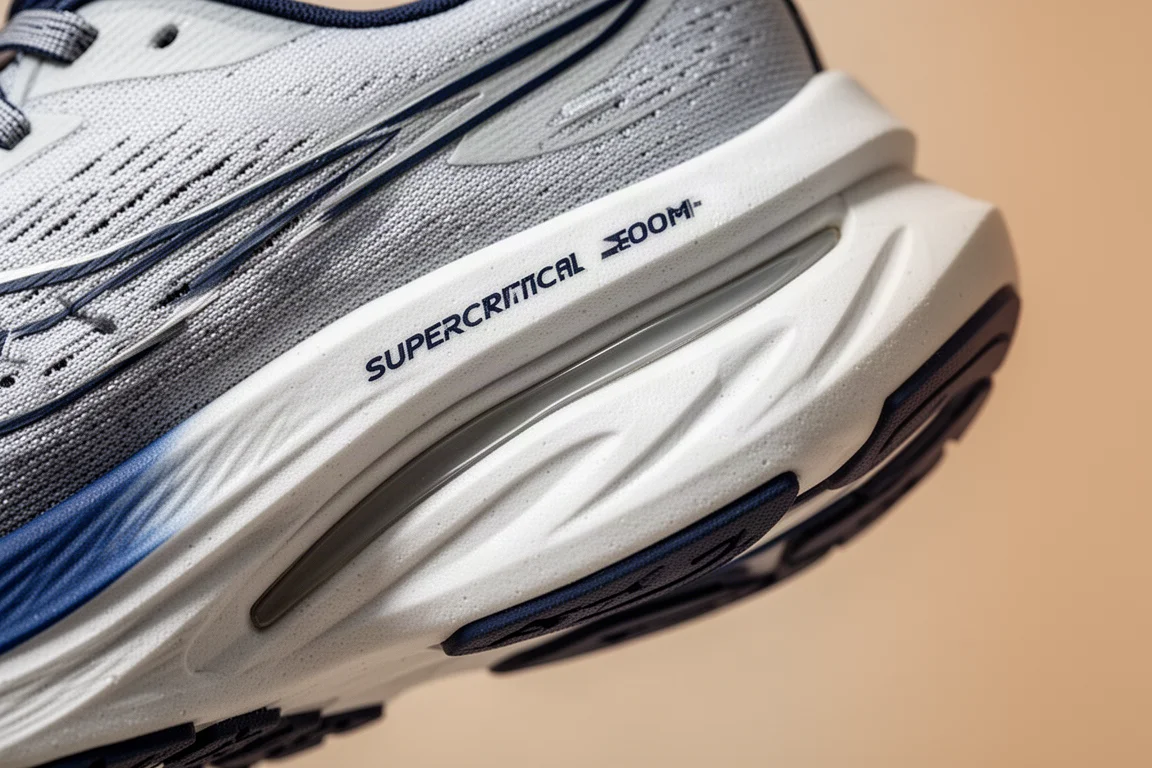 Close-up of a layered performance running shoe midsole showing foam and plate construction