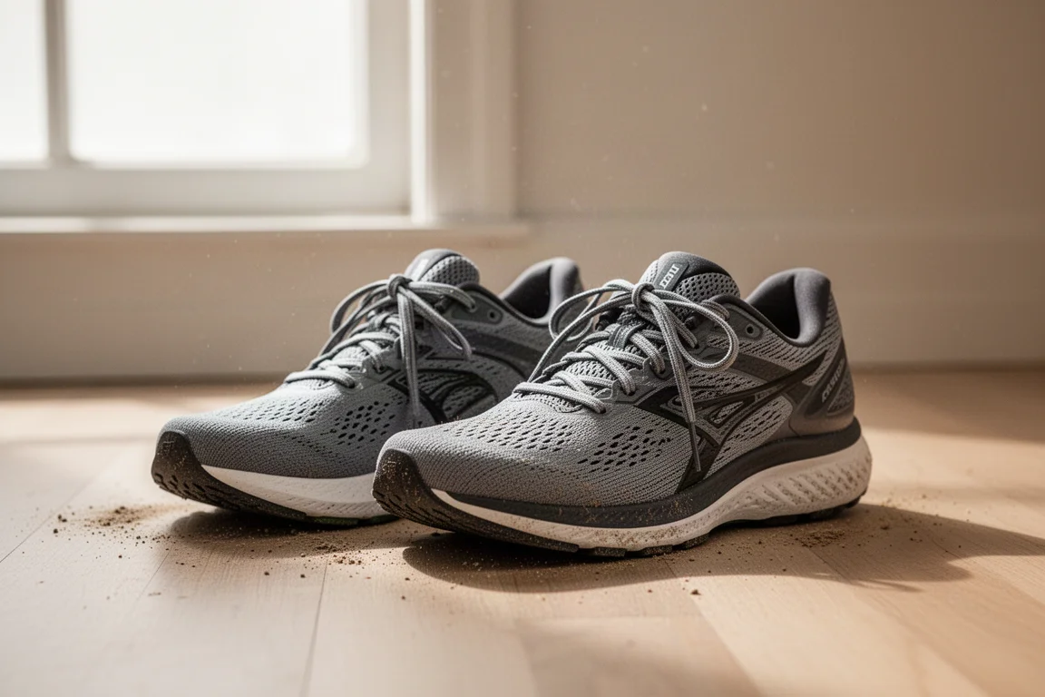Two running shoes resting side by side on a wooden floor after a training run