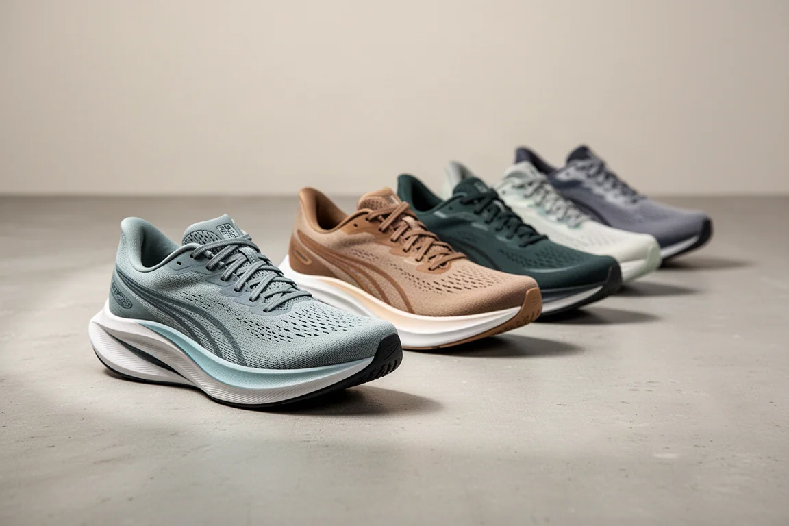 Seven modern performance running shoes arranged in a row on a light concrete surface