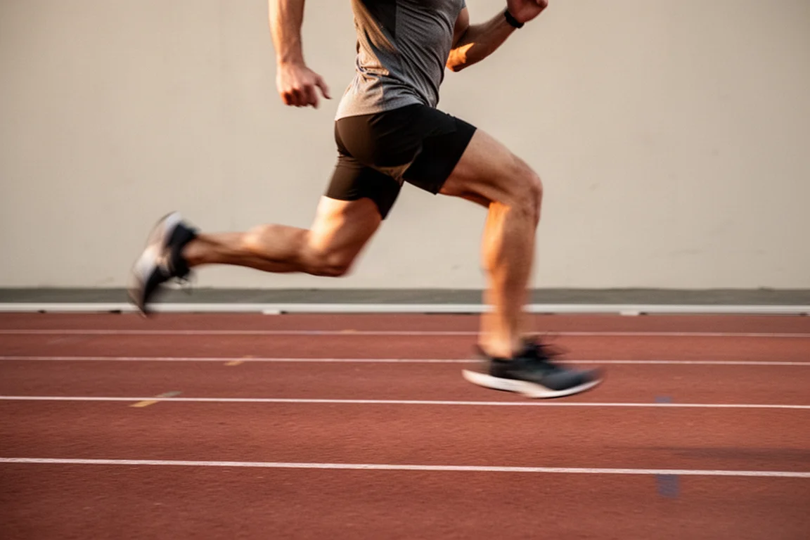 Atleet die snelle intervallen loopt op een buitenatletiekbaan