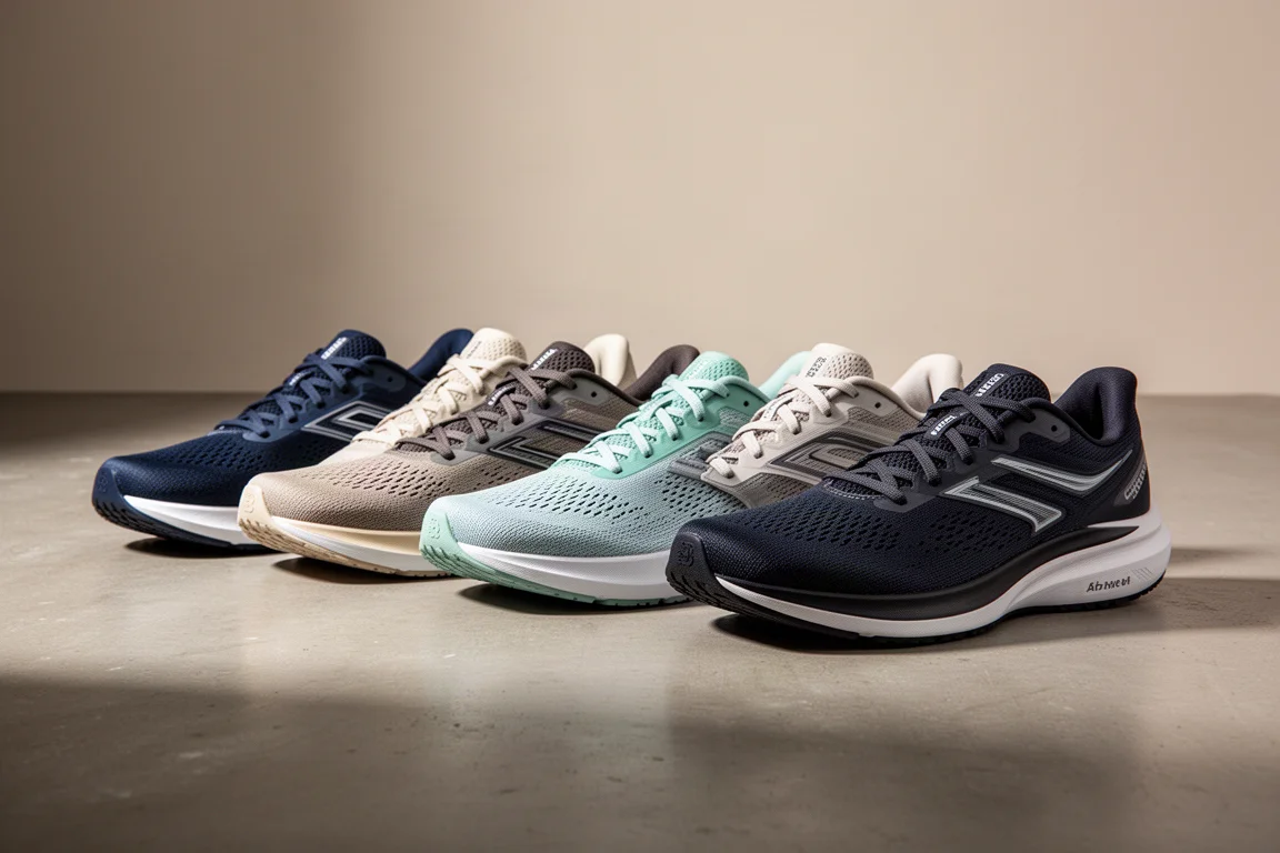 Row of modern performance running shoes on a concrete studio floor