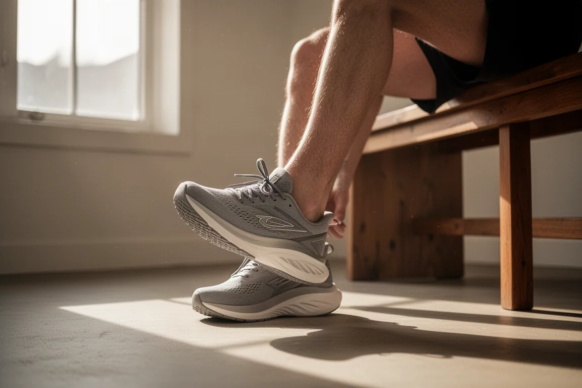 Runner lacing up a thick-soled running shoe before a morning run